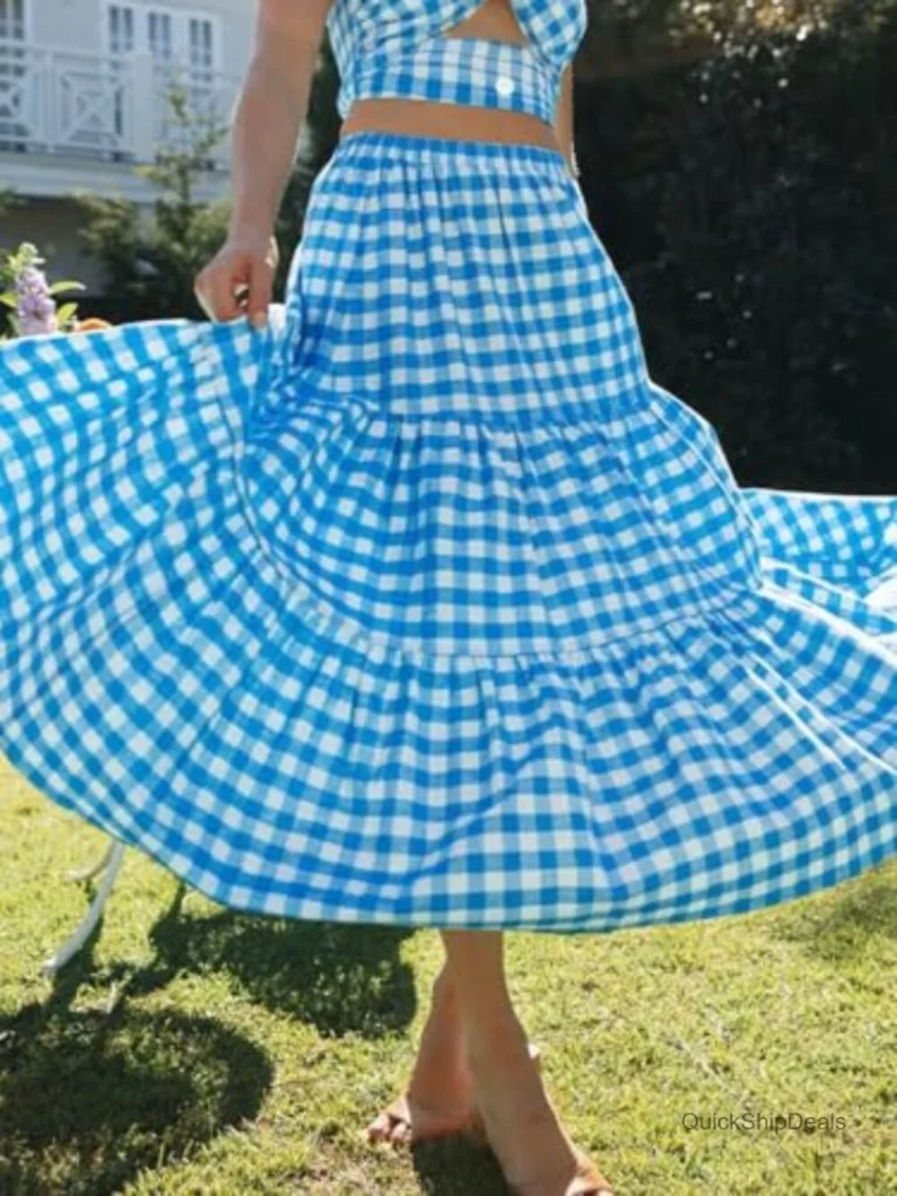 Women's 100% Cotton High Waist Plaid Tiered Maxi Skirt with Pockets Boho Flowy